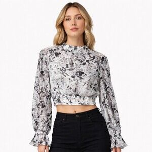 AllSaints Luna Waktu Top Size 8 Black White Abstract Cropped Long Sleeve